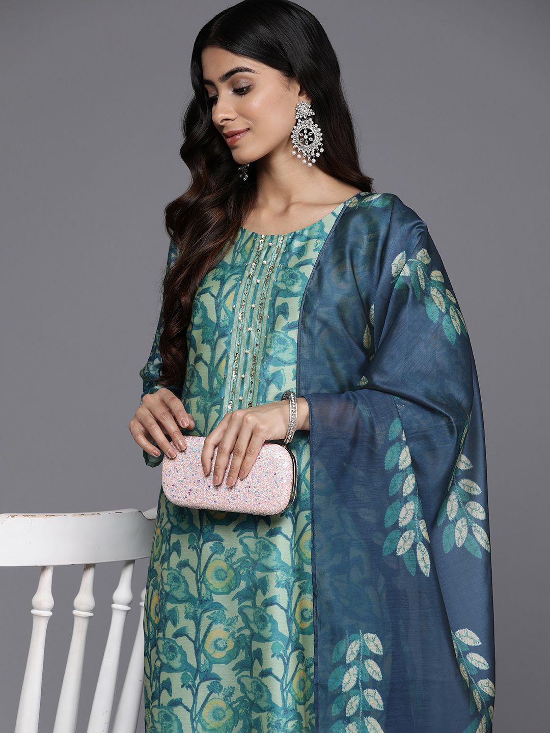 Sea Green Sea Green Floral Printed Hand work Kurta with Trousers & Dupatta