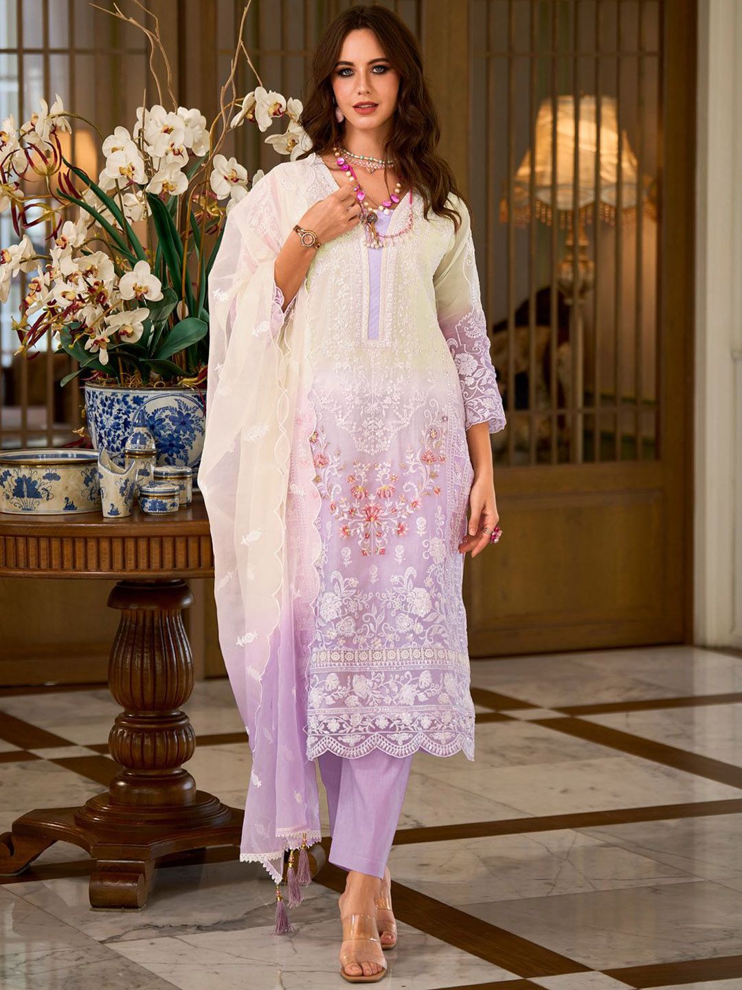 Dhiyona IE Floral Embroidered Sequinned Straight Organza Kurta With Trousers And Dupatta