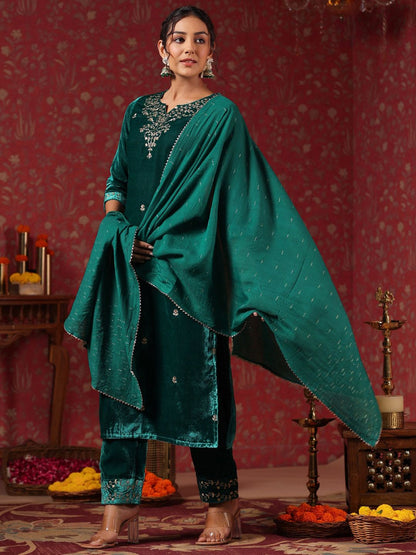 Dhiyona IS Women's Teal Ethnic Motifs Embroidered Thread Work Velvet Kurta With Trousers & Dupatta