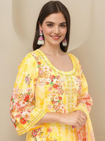 Dhiyona IS Women's Floral Printed Pure Cotton Straight Kurta With Trousers & Dupatta