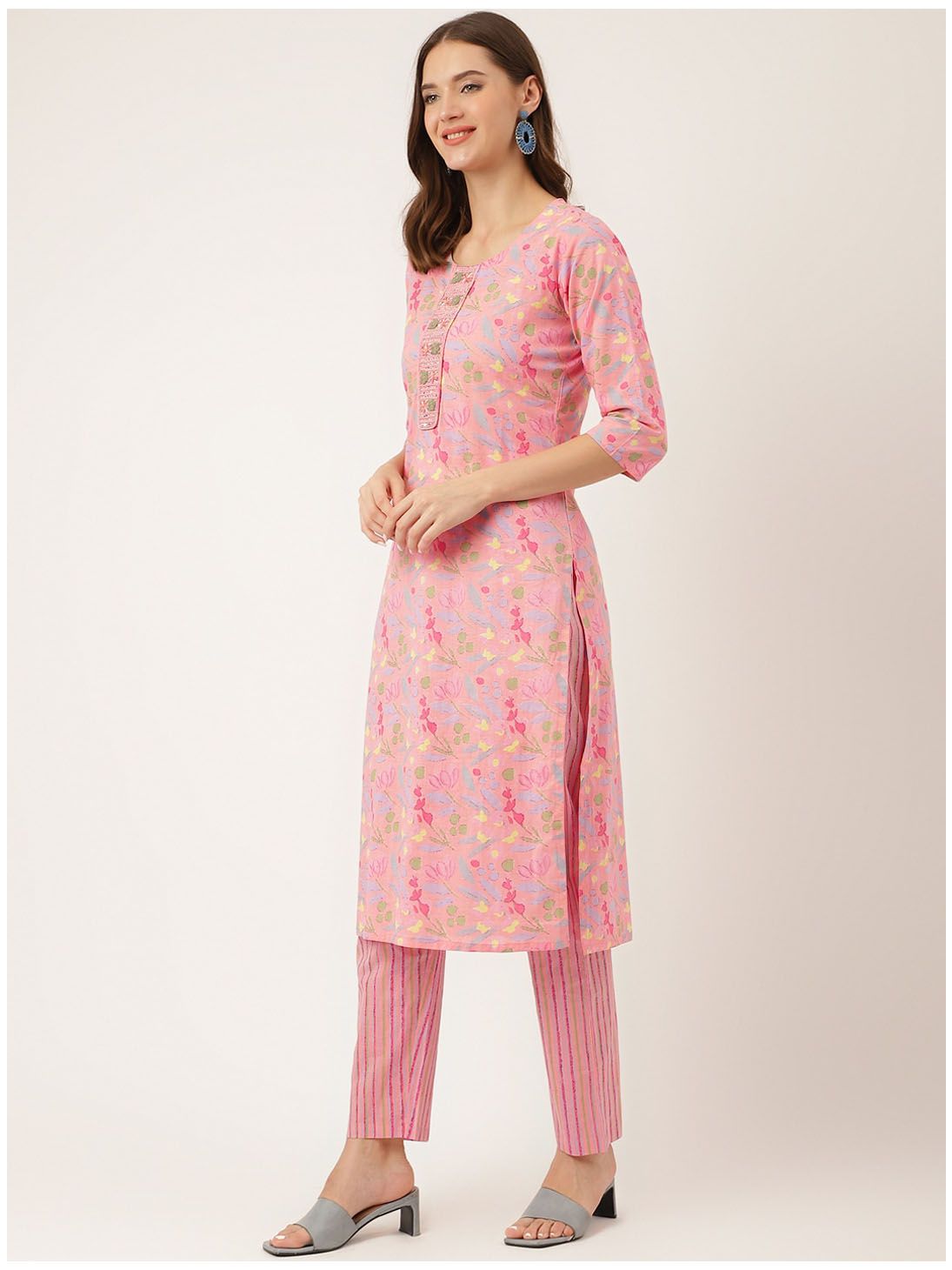 Dhiyona KL Floral Printed Mirror Work Pure Cotton Kurta With Trousers & Dupatta