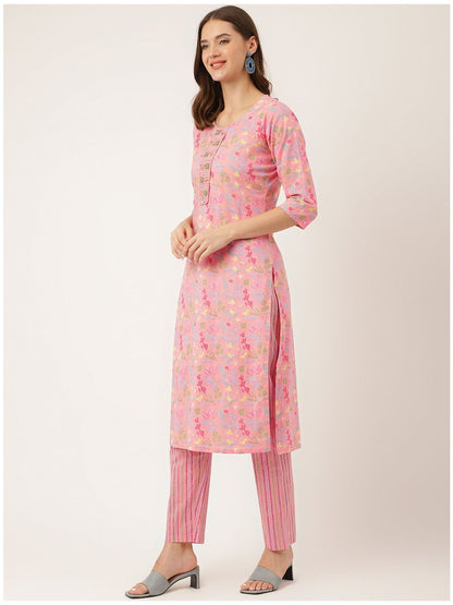 Dhiyona KL Floral Printed Mirror Work Pure Cotton Kurta With Trousers & Dupatta