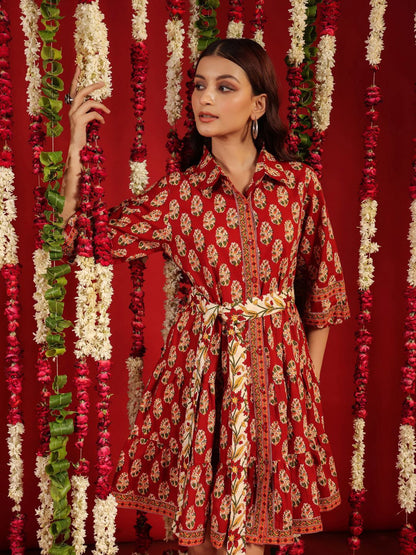 Dhiyona AY Women's Ethnic Motifs Printed Cotton Shirt Dress