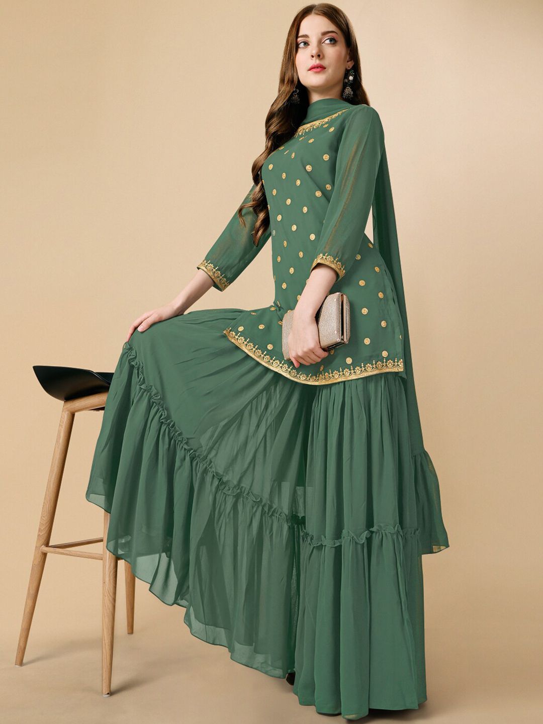 Dhiyona IN Green Sequinned Georgette Kurta & Sharara With Dupatta