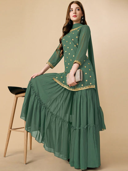 Dhiyona IN Green Sequinned Georgette Kurta & Sharara With Dupatta