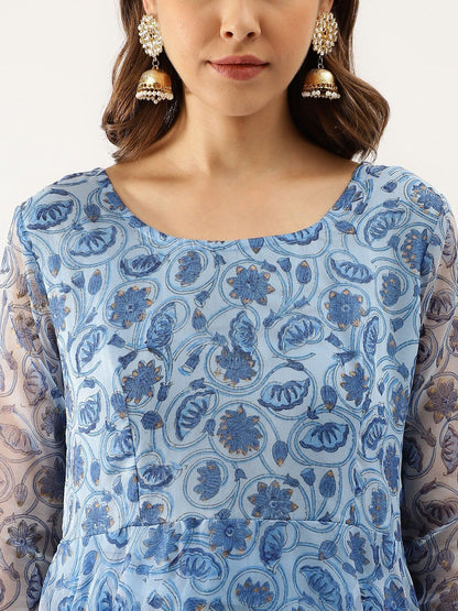 Dhiyona KL Floral Printed Gotta Patti Detail Anarkali Kurta & Trousers With Dupatta