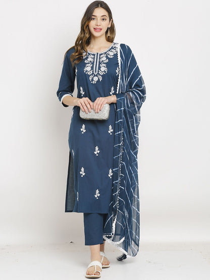 Dhiyona KL Floral Embroidered Pure Cotton Straight Kurta with Trousers & Dupatta