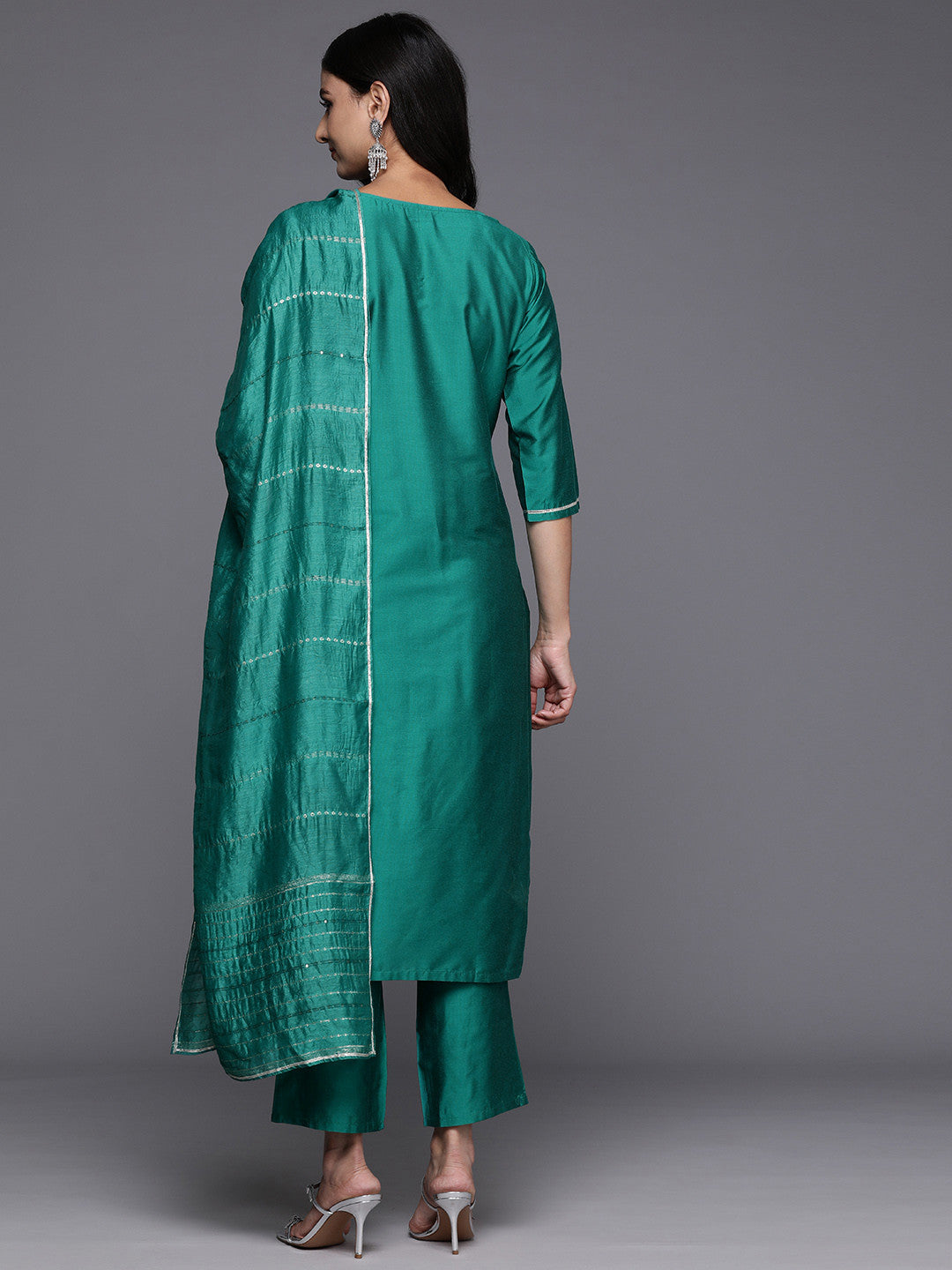 Floral Embroidered Regular Sequinned Kurta with Trousers Dupatta