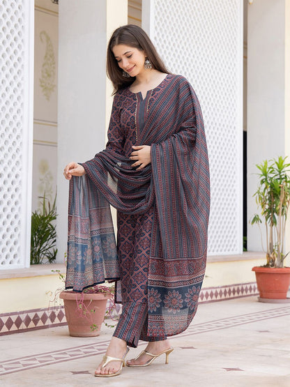Dhiyona KL Ethnic Motifs Printed Regular Gotta Patti Straight Kurta with Trousers & Dupatta