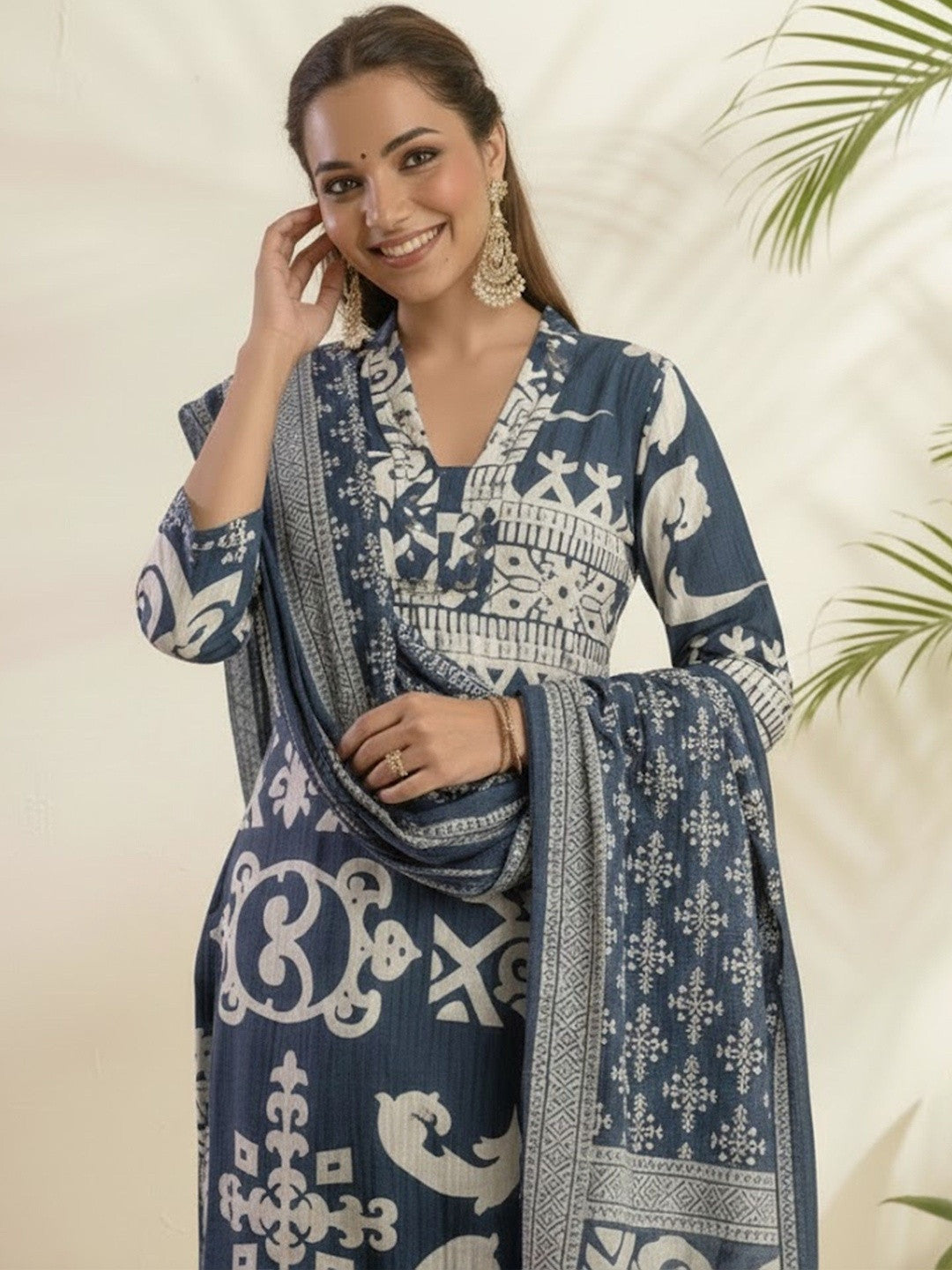 Printed Pure Cotton V-Neck Kurta & Trousers With Dupatta