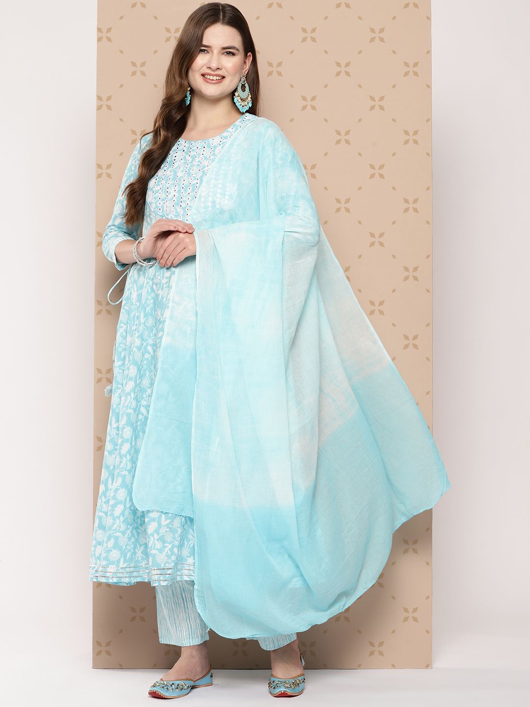 Dhiyona KL Pure Cotton Floral Printed Anarkali Kurta With Trousers & With Dupatta