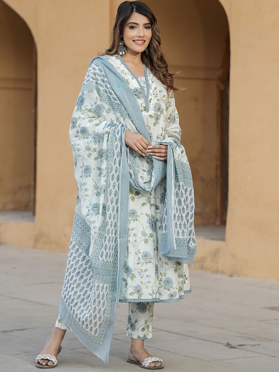 Dhiyona KL Floral Printed V-Neck Thread Work Pure Cotton Empire Kurta with Trousers & Dupatta