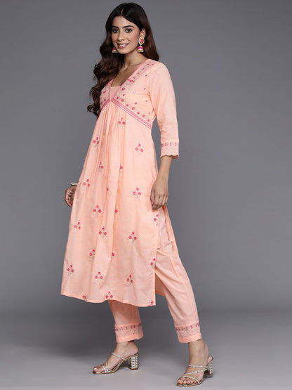 Dhiyona VA Women'sFloral Embroidered Empire Mirror Work Pure Cotton Kurta with Trousers & Dupatta