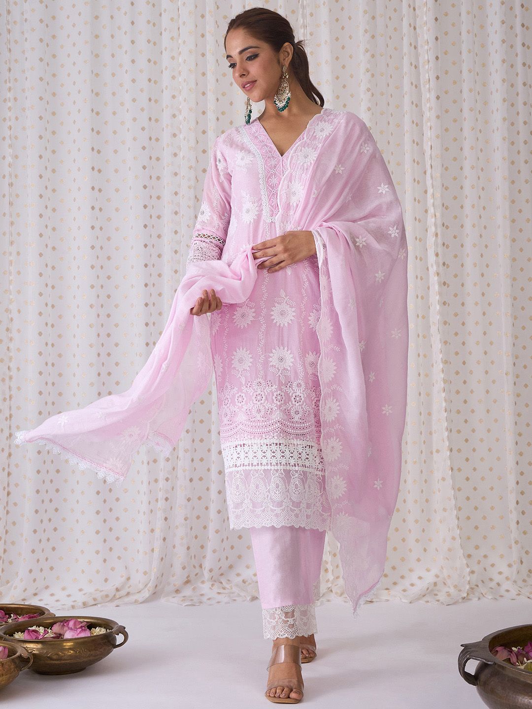 Dhiyona IE Floral Embroidered V-Neck Pure Cotton Kurta with Trousers & Dupatta