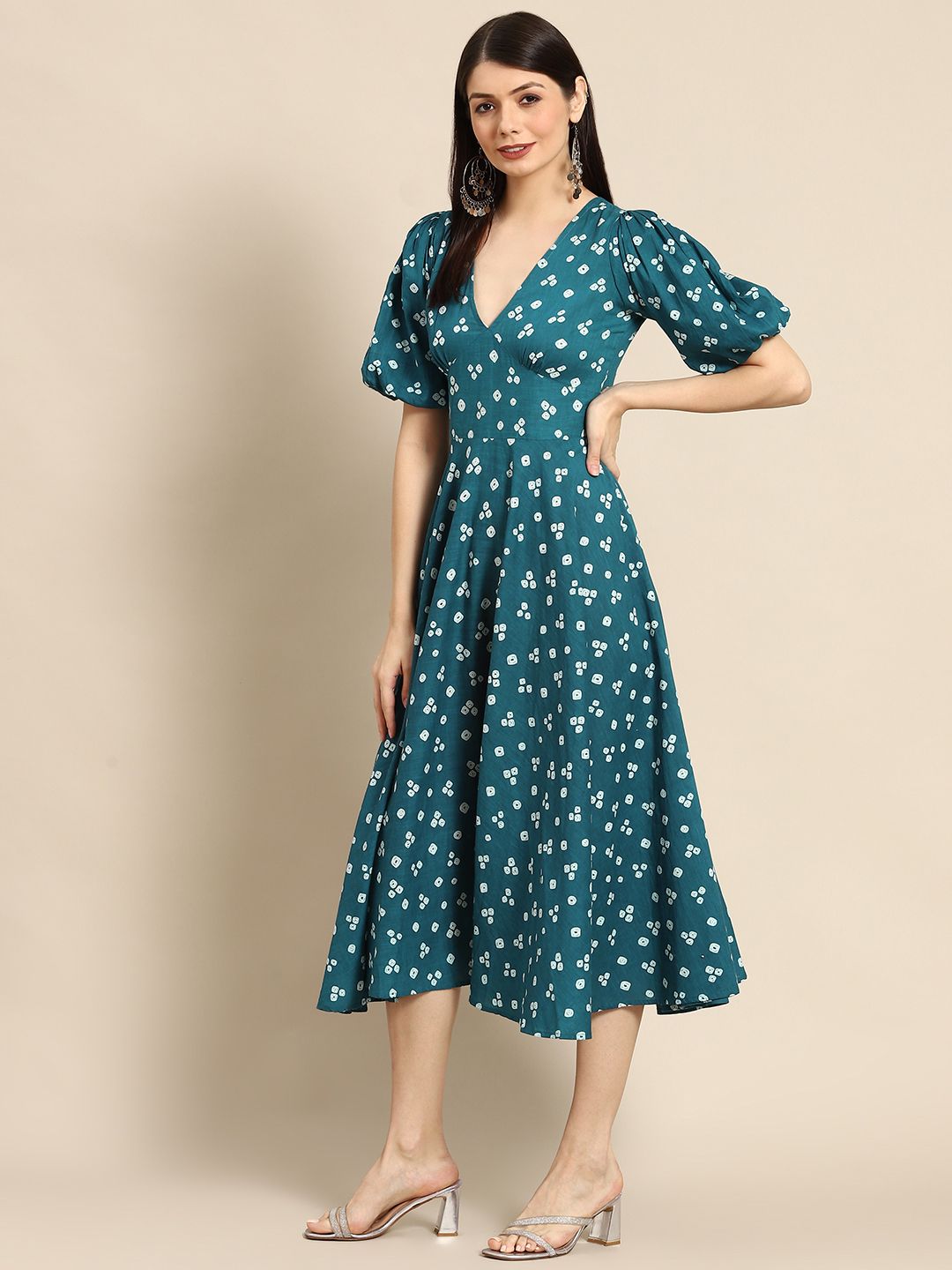 Dhiyona AY Women's Teal Green & White Bandhani Printed Pure Cotton A-Line Midi Dress