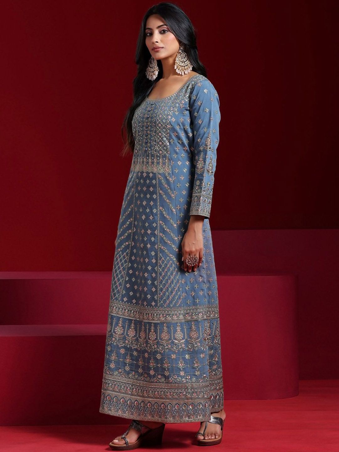 Dhiyona LL Ethnic Motifs Embroidered Sequinned Anarkali Kurta With Palazzos & Dupatta