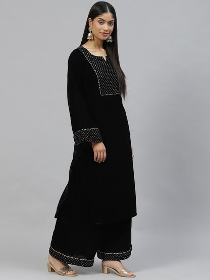 Dhiyona KL Yoke Designed Regular Sequinned Velvet Kurta with Palazzos & Dupatta