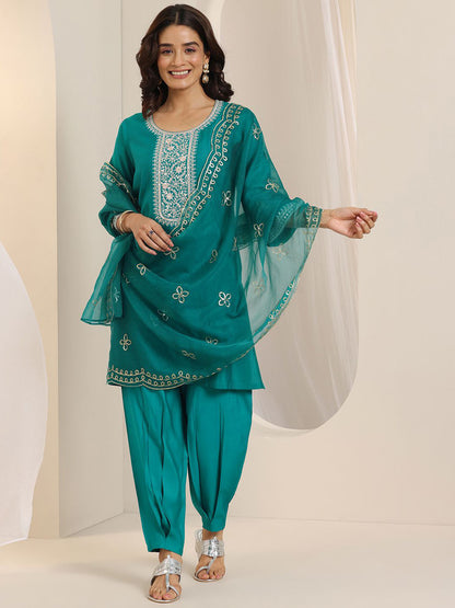 Floral Yoke Design Sequinned Straight Kurta With Trousers And Dupatta