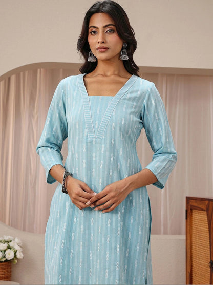 Libas Blue Striped Woven Design Straight Suit Set