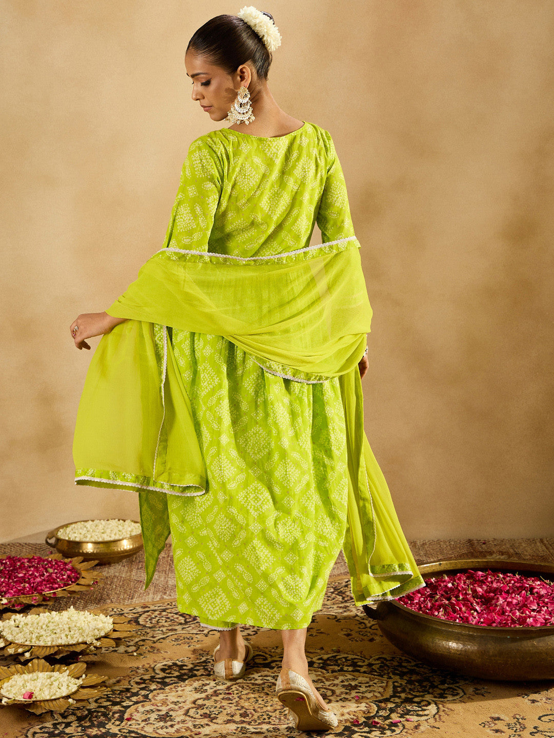 Indo EraBandhani Printed Empire V-Neck Pure Cotton Kurta with Trousers & Dupatta