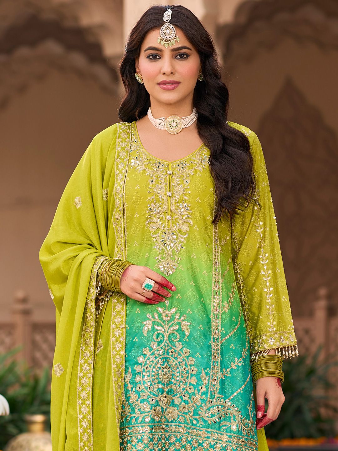 Dhiyona IE Floral Embroidered Zari Straight Kurti With Palazzos And Dupatta