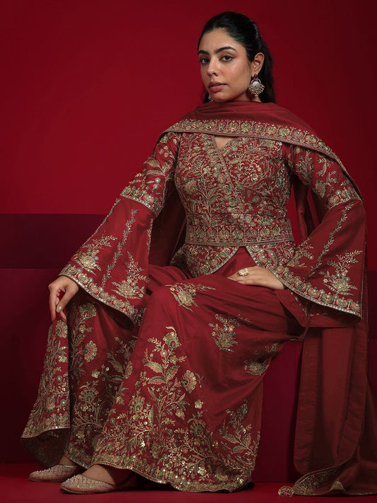 Dhiyona LL Floral Embroidered Sequinned Straight Kurti with Palazzos & Dupatta