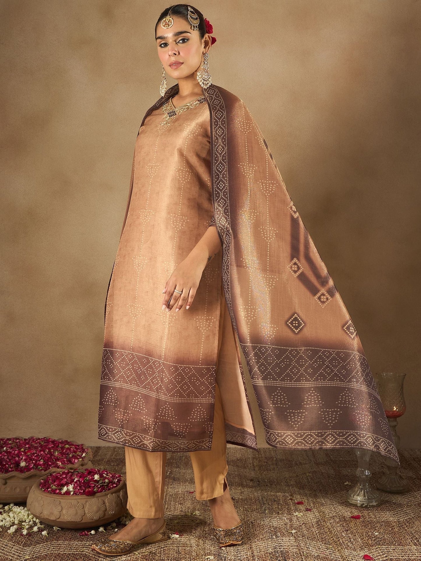Dhiyona IE Floral Embroidered Embellished V-Neck Straight Kurta with Trouser And Dupatta