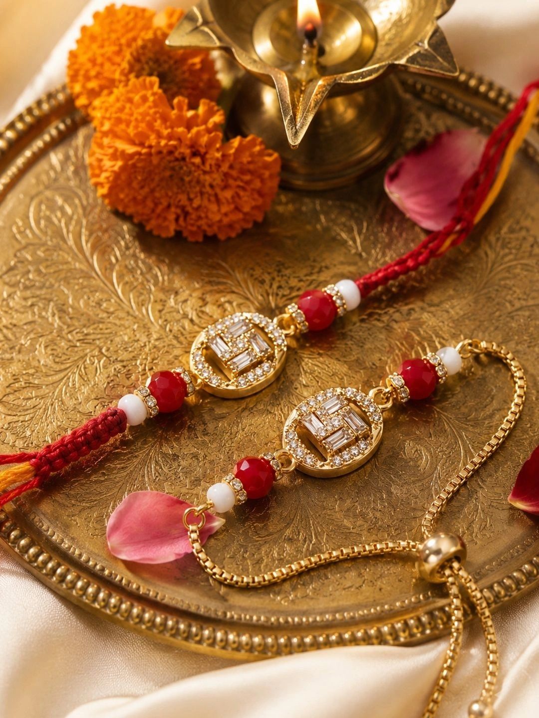 Dhiyona Set Of 2 Artificial Stones & Beads Swastik Bhaiya Bhabhi Rakhi With Roli Chawal