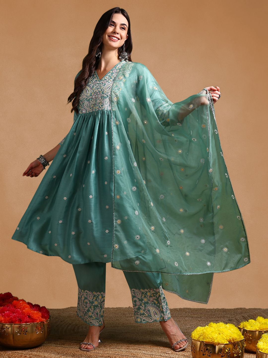 Dhiyona KL Floral Embroidered Pleated Thread Work Kurta with Palazzos & Dupatta