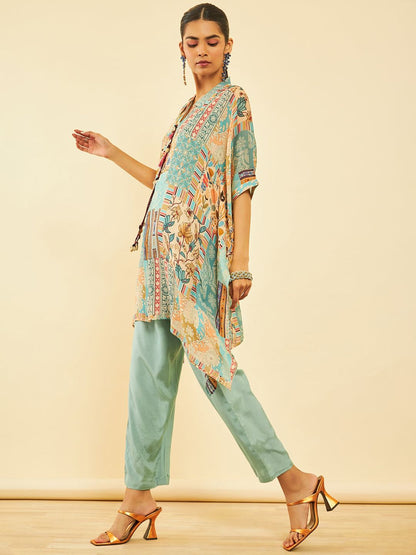 Dhiyona SO Women's Blue Floral Printed Pure Cotton Kaftan Kurta With Inner & Trouser