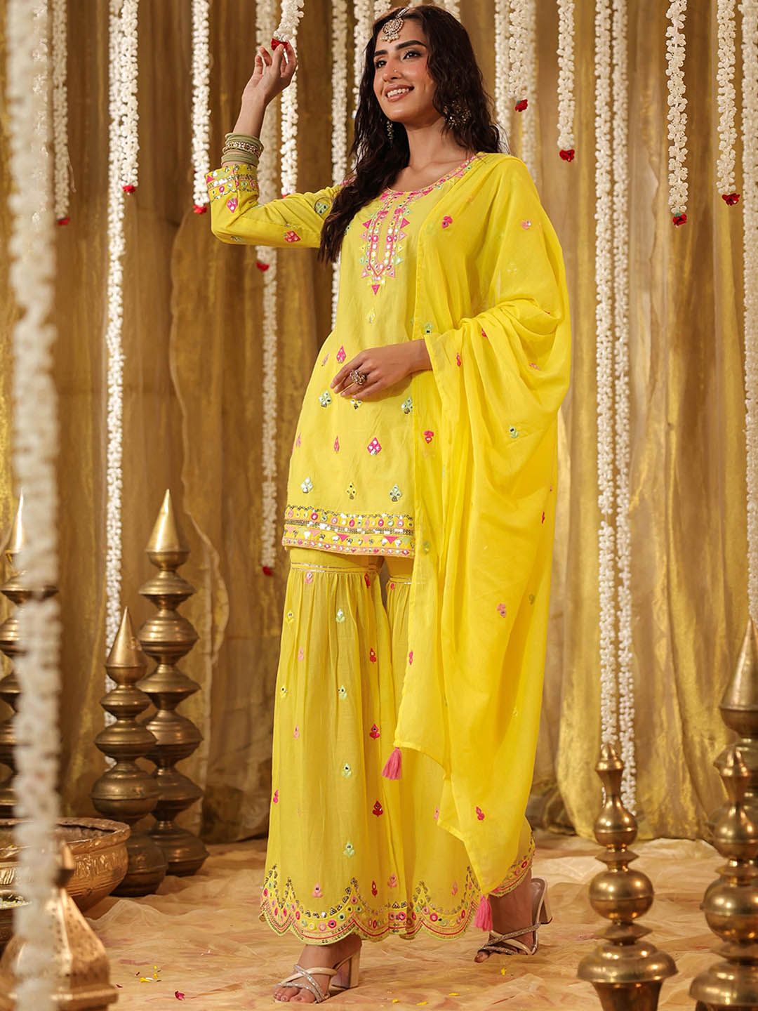 Dhiyona SC Ethnic Motifs Embroidered Pure Cotton Straight Kurta & Sharara With Dupatta