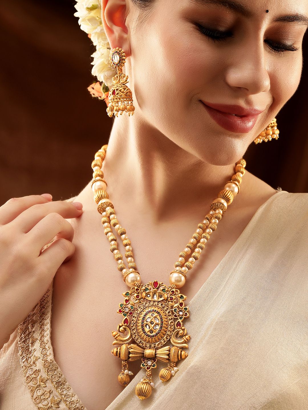 Dhiyona RJ Women's 22K Gold Plated Ruby,Emerald Kundan Studded Pearl & Gold Beaded Jewellery Set