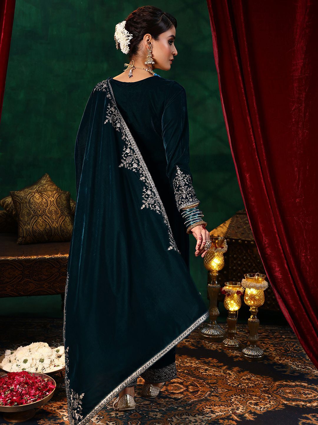 Dhiyona LL Floral Embroidered Straight Sequinned Velvet Kurta with Palazzos & Dupatta