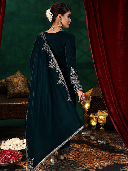 Dhiyona LL Floral Embroidered Straight Sequinned Velvet Kurta with Palazzos & Dupatta