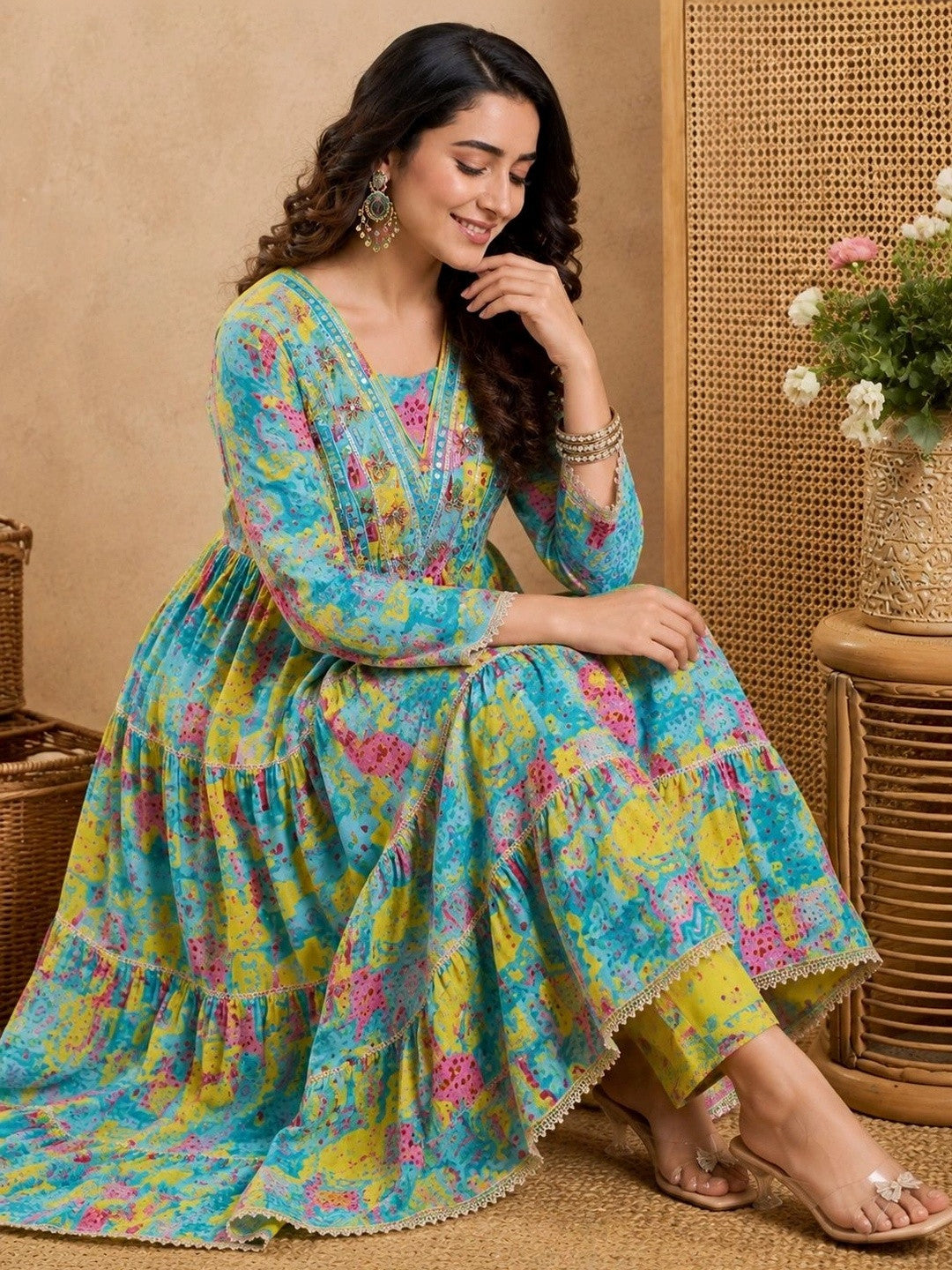 Printed Mirror Work Anarkali Kurta Set With Tasseled Dupatta