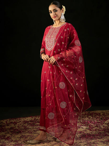 Round Neck Floral Embroidered Straight Kurta with Trouser & Dupatta