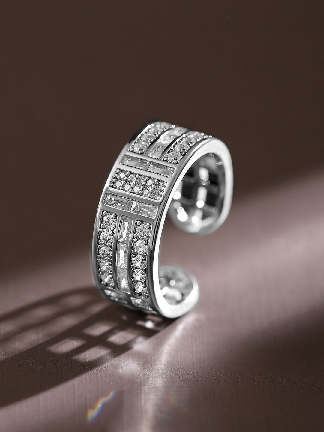 Dhiyona RJ Women's Rhodium Plated Adjustable Openable Ring with Baguette & Pave Cubic Zirconia