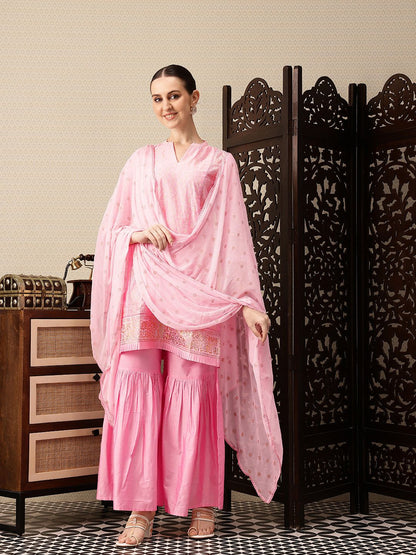 Dhiyona HOP Indie-Floral Foil Printed Jashn Kurta with Sharara & Dupatta