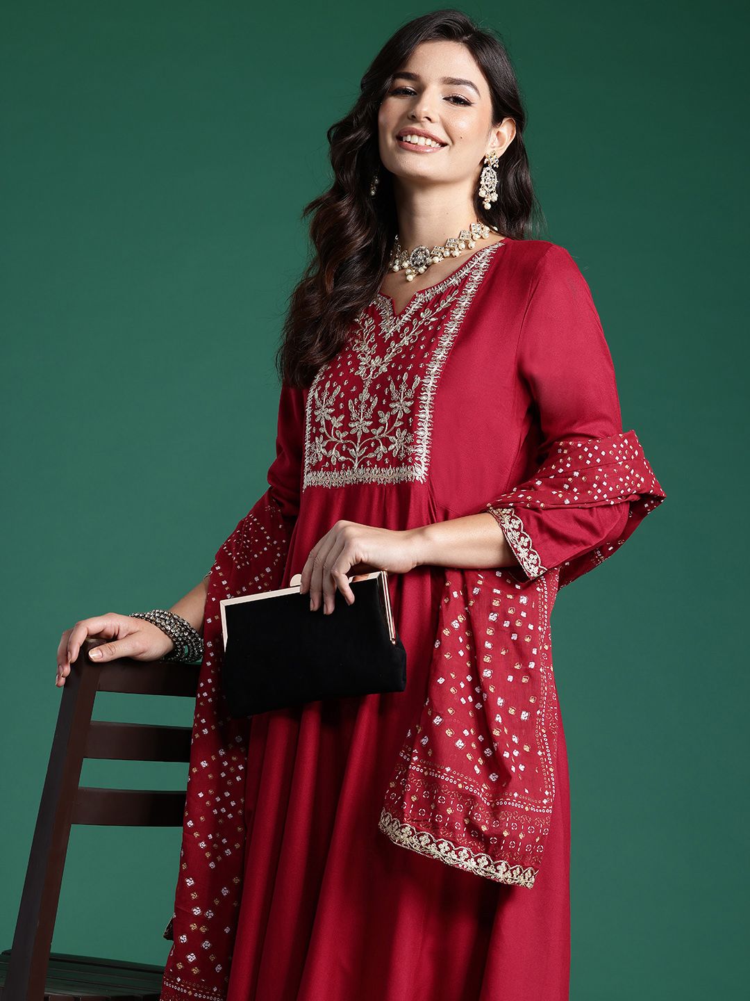 Floral Yoke Design Sequinned Kurta With Trousers & Dupatta