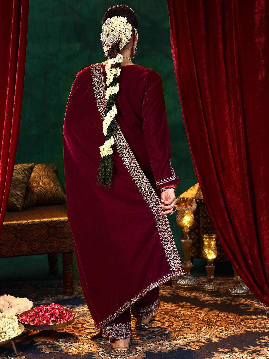 Floral Embroidered Velvet Straight Kurta With Trousers & Dupatta