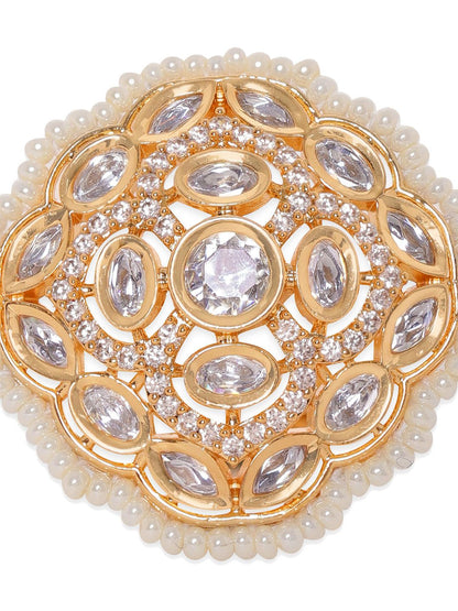 Dhiyona RJ Women's Gold-Plated CZ-Studded & Pearl Beaded Adjustable Finger Ring