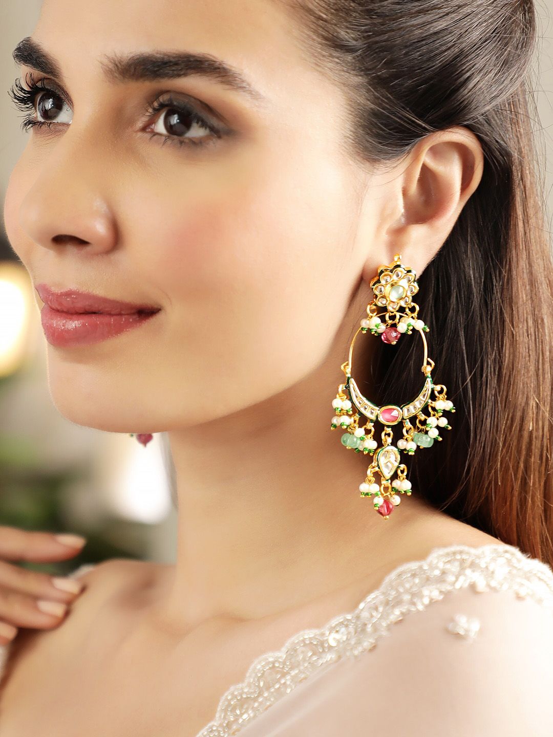 Dhiyona RJ Women's 22K Gold-Plated Multi-Color Stone & Kundan Studded Chandbali Earrings with Beads