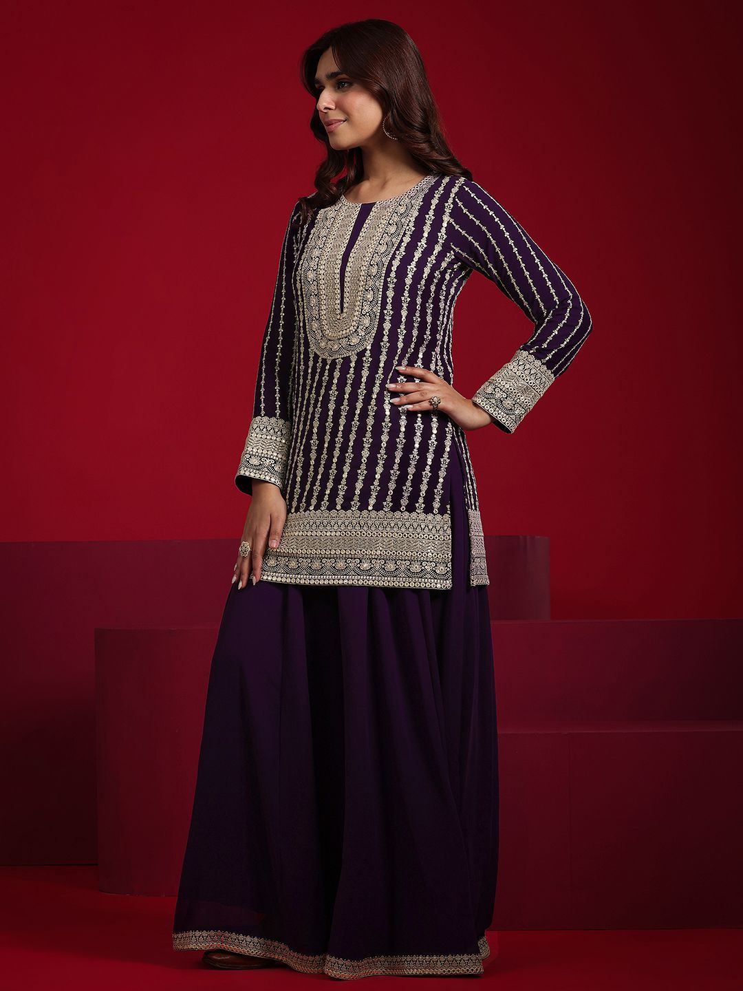 Dhiyona LL Floral Embroidered Georgette Straight Kurti With Palazzos & Dupatta