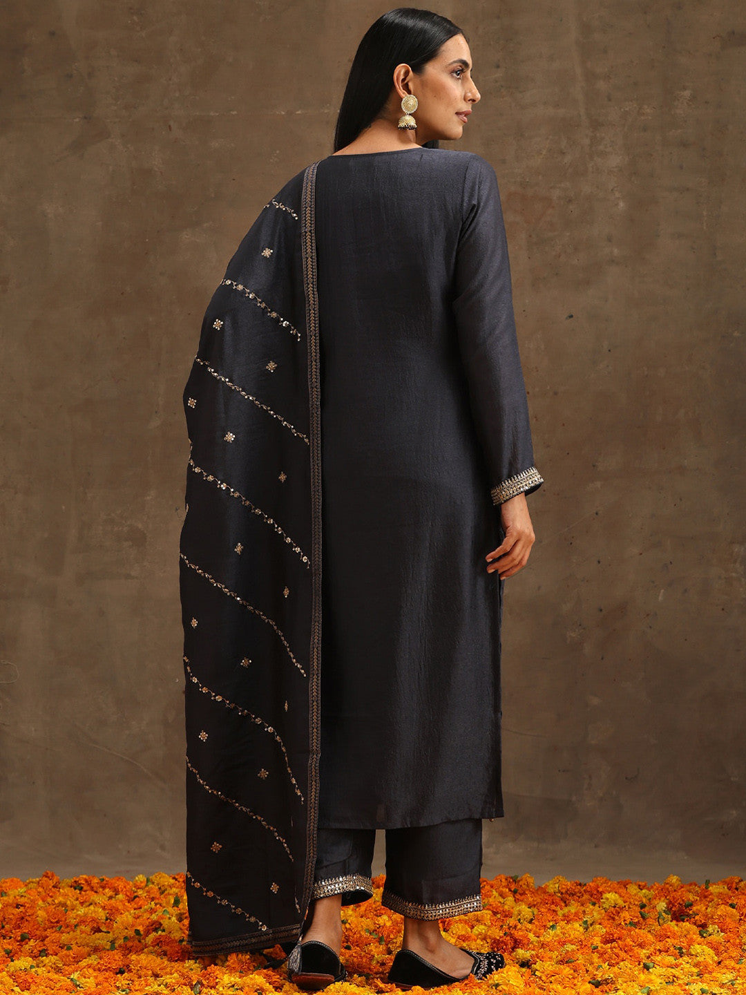 Grey Ethnic Motifs Embroidered Regular Kurta With Trousers & Dupatta