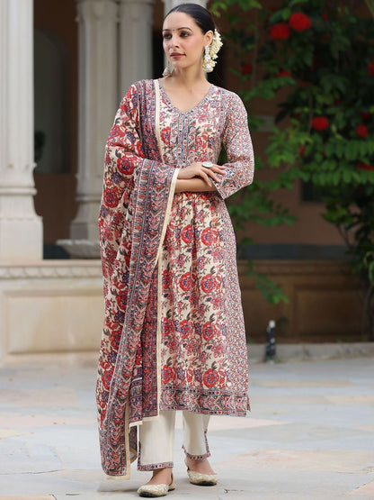 Dhiyona RR Women's Floral Printed Sequinned Pure Cotton Kurta & Trousers With Dupatta