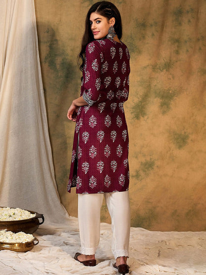 Dhiyona IE Burgundy Ethnic Motifs Printed Round Neck Mirror Work Straight Kurta