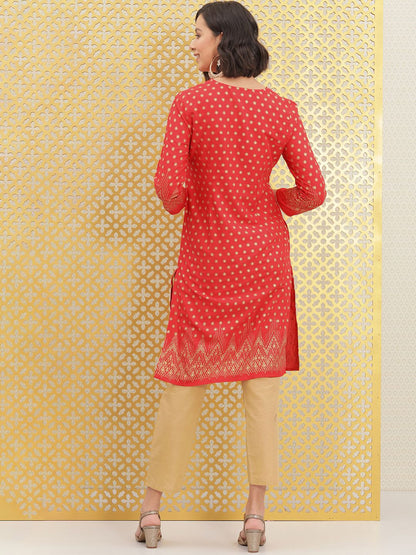 Dhiyona OD  Women Red & Gold-Toned Ethnic Motifs Printed Block Print Brocade Kurta