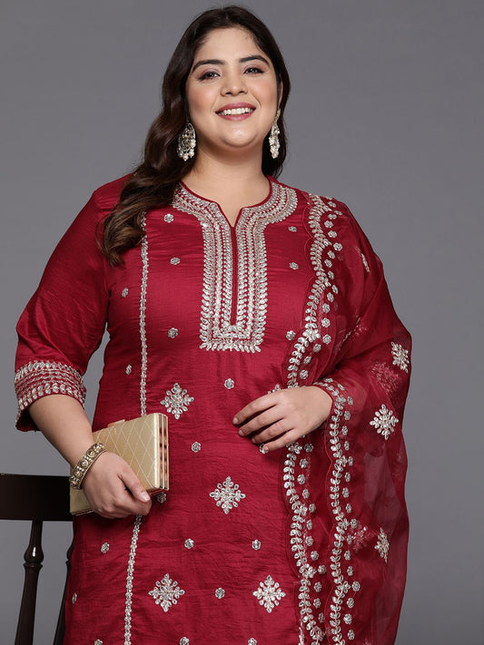 Dhiyona Women's Plus Size Ethnic Motifs Embroidered Gotta Patti Kurta with Trousers & Dupatta