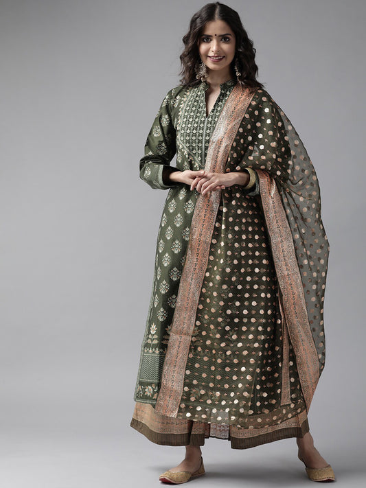 Women Green Ethnic Motifs Printed Kurta with Palazzos & With Dupatta