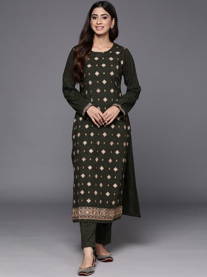 Women Ethnic Motifs Embroidered Regular Thread Work Pure Wool Kurta with Trousers